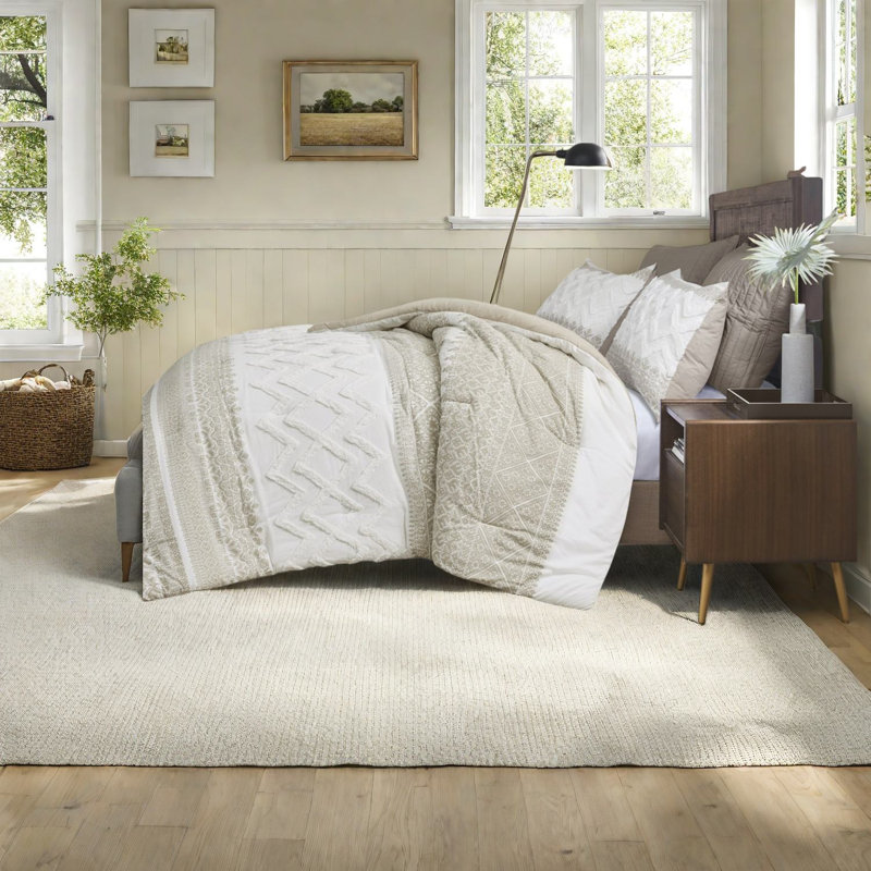 Farmhouse Cotton Bedding Sets, Taupe Comforter With Chenille Tufting, Home Decor