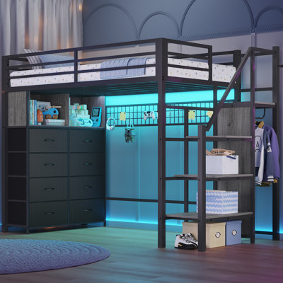 Twin Size Metal Loft Bed With Stairs, 8 Storage Drawers, Led Loft Bed With Storage Stairs