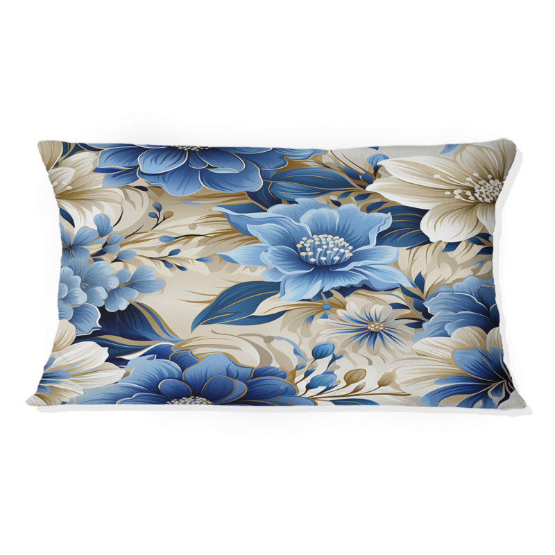 Coussin décoratif à imprimé floral bleu et blanc Harmony I