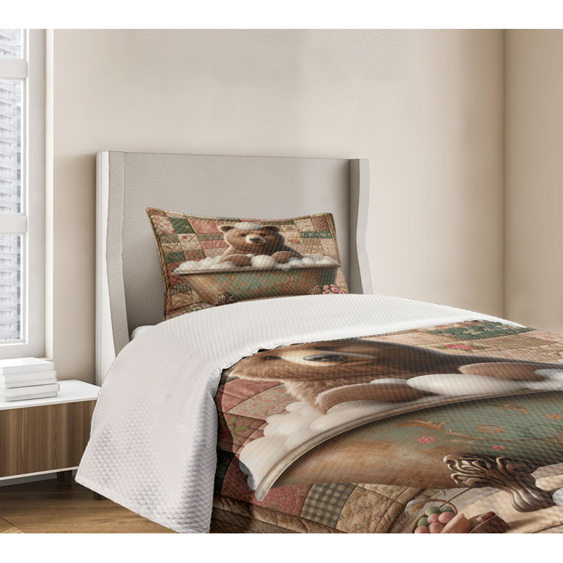 Rustic Twin Blue Quilted Bedspread Set with Bear Design