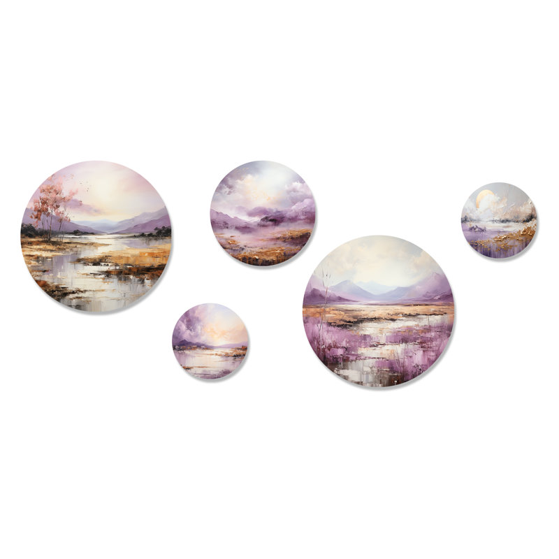 Mauve et doré lac et montagne I - ensemble d'art mural lac 5 - Ensemble d'art mural en métal de ferme 5 pièces