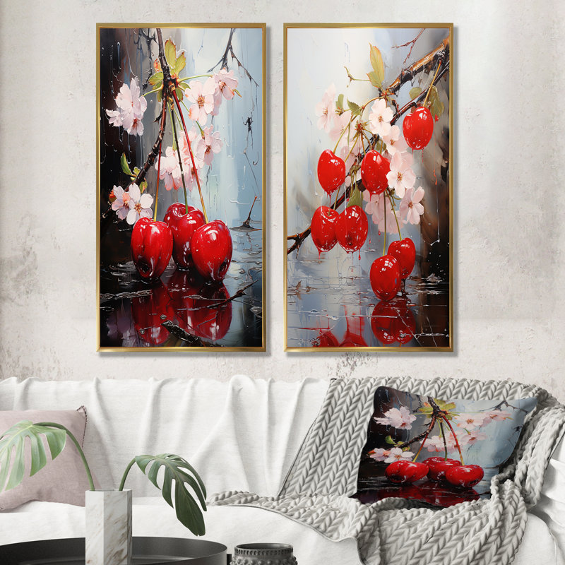 Cherry Red Ruby Rhapsody - fruits, ensemble de 2 reproductions d'art sur toile, Encadrement doré, H 28 po x l 25 po