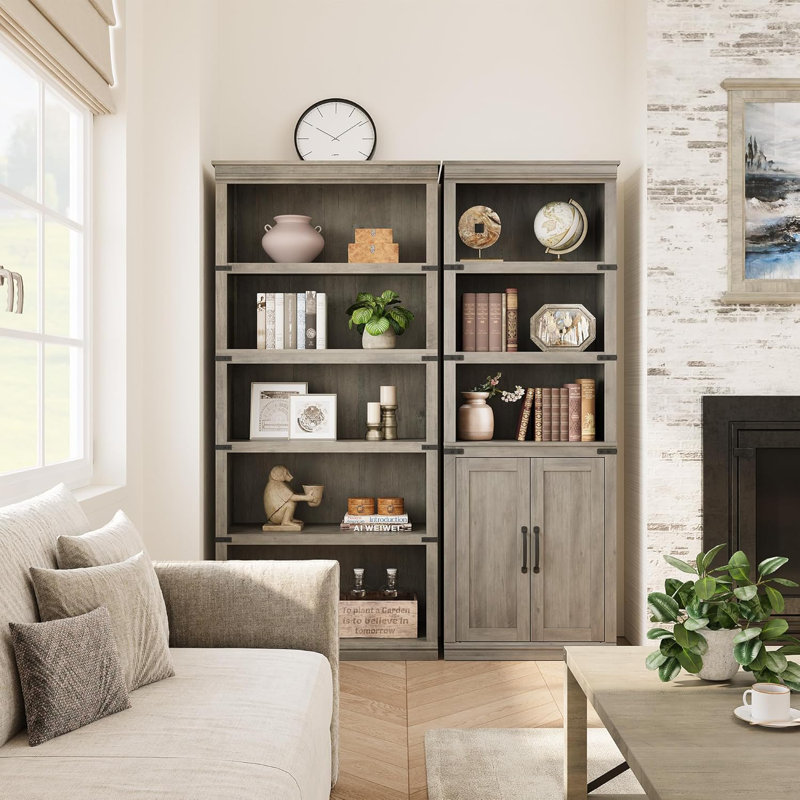 Bibliothèque à 5 niveaux avec rangement, bibliothèque de 68,7 po de hauteur, armoire de rangement en bois, Gris