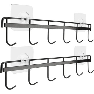 Support à ustensiles peu encombrant avec 6 crochets pour support de cuisine pour salle de bain, ensemble de 2 (noir)