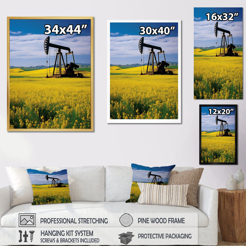 Foreuse à pétrole verte et jaune, Cadre doré simple, H 40 po x l 30 po x P 1,5 po