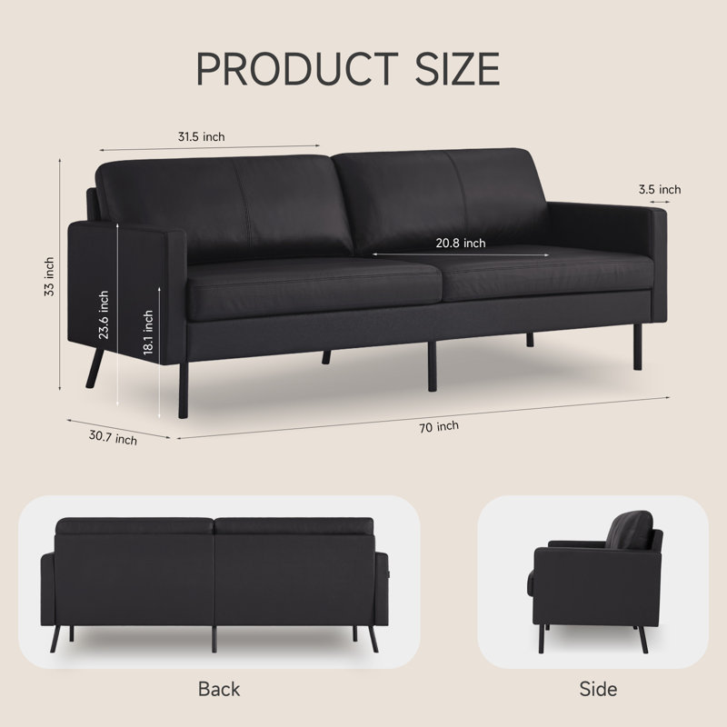 Genuine Leather Square Arm Sofa, Black, Black