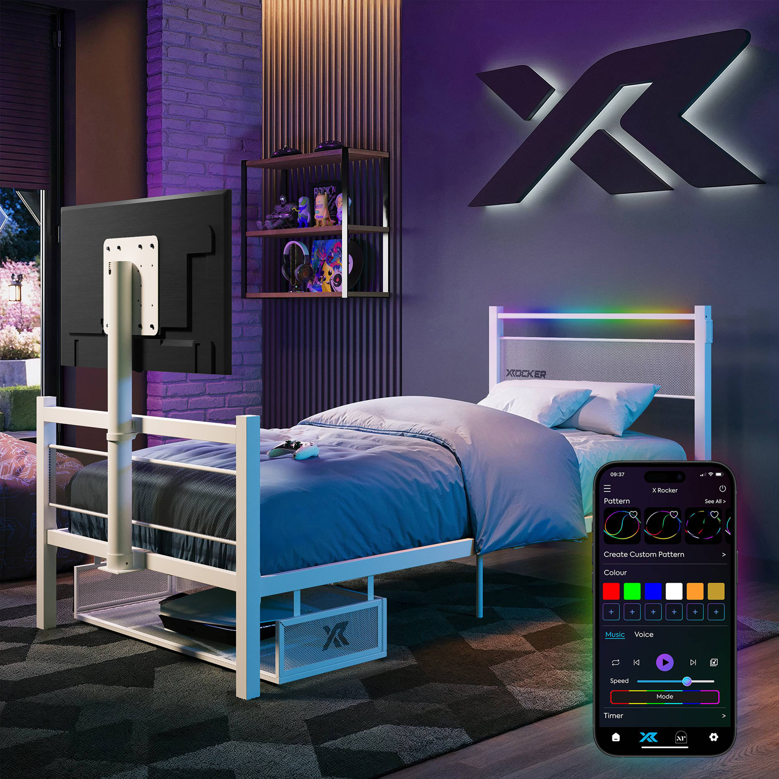 X Rocker Base Camp X Rocker Basecamp RGB Single Gaming TV Bed with App Controlled LED ...