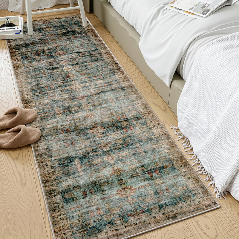 Machine Washable Vintage Area Rug with Non-Slip Back – Blue, Runner 2'6" x 7'7"