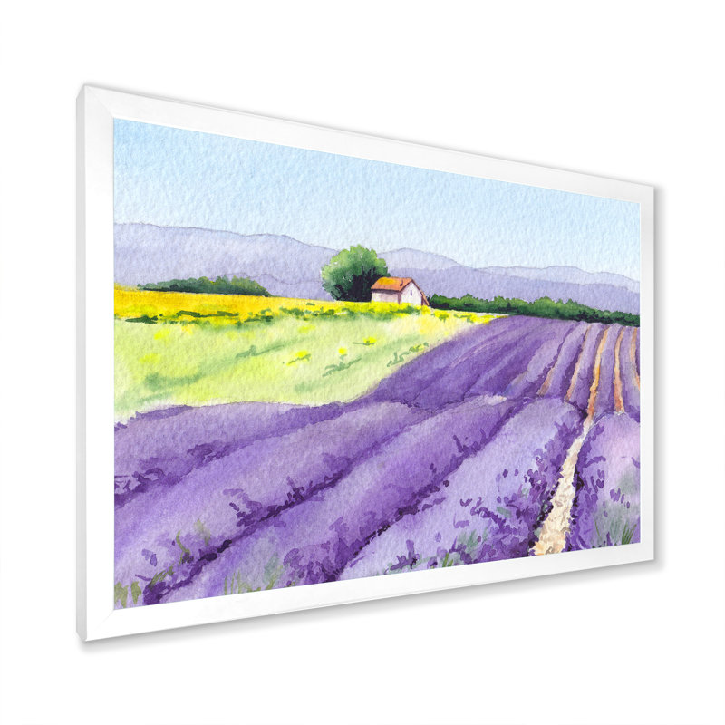 Champ de lavande avec maison de campagne en Provence - Peinture sur toile, H 17,5 po x l 33,5 po, Cadre blanc