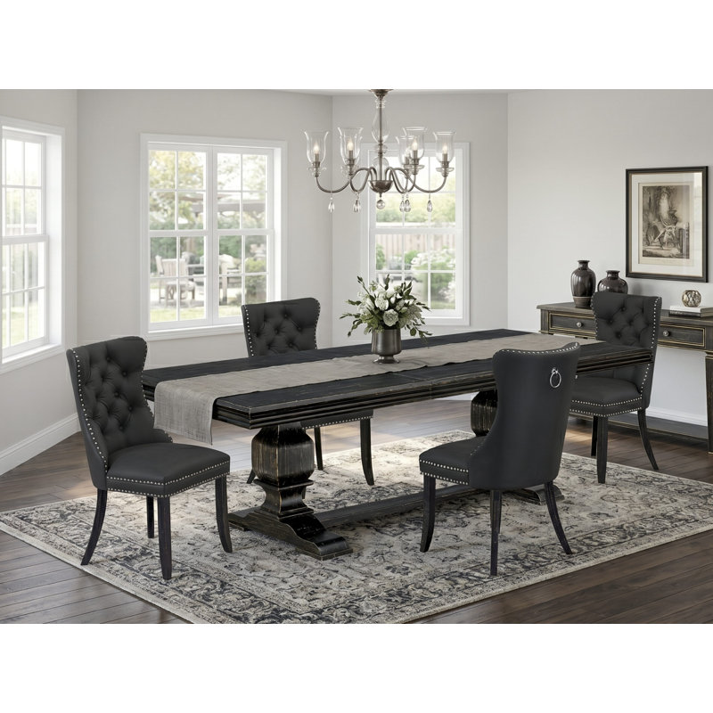 Cet ensemble de salle à manger moderne 5 pièces comprend une table de cuisine rectangulaire et 4 chaises de salle à manger en tissu de polyester gris foncé, noir sablé