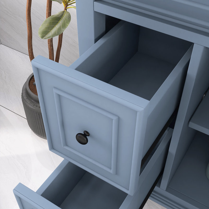 Ensemble de meuble-lavabo en bois massif et en bois massif avec 3 tiroirs et une tablette réglable, Bleu gris