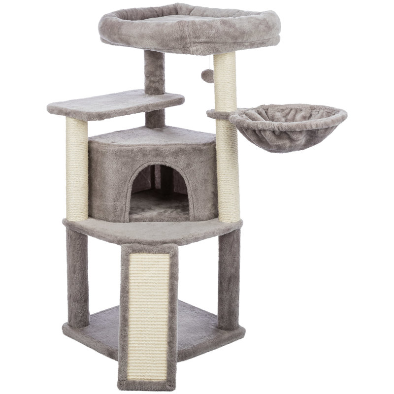 Arbre à chat à 3 niveaux avec poteaux à griffer en sisal et rampe, condo en peluche et hamac Trixie