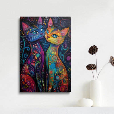 Abstract Colorful Fantasy Mystical Cats Picture Wall Decor Framed Cool Cartoon Animal Canvas Wall Art Vibrant Rainbow Colors Prints Poster Whimsical Feline Painting For Living Room Bathroom (12"X16")