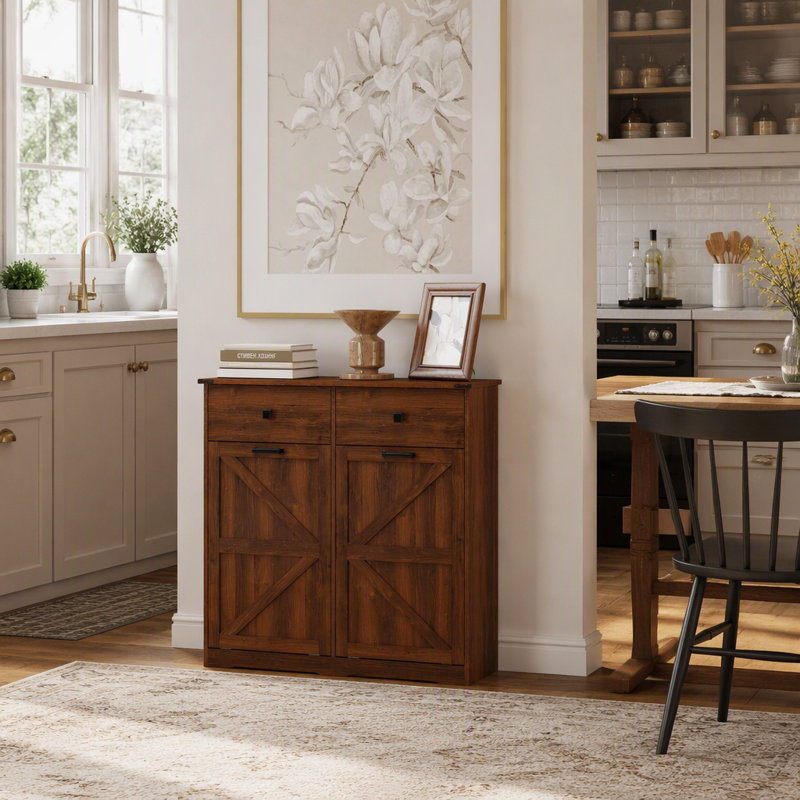 Farmhouse Double Tilt Out Trash Cabinet for 20 Gallon Trash Cans, Free Standing Recycling Cabinet with Hideaway Drawer, Barn Door Style Laundry Sorter Cabinet, Tilt Out Trash Cabinet for Kitchen