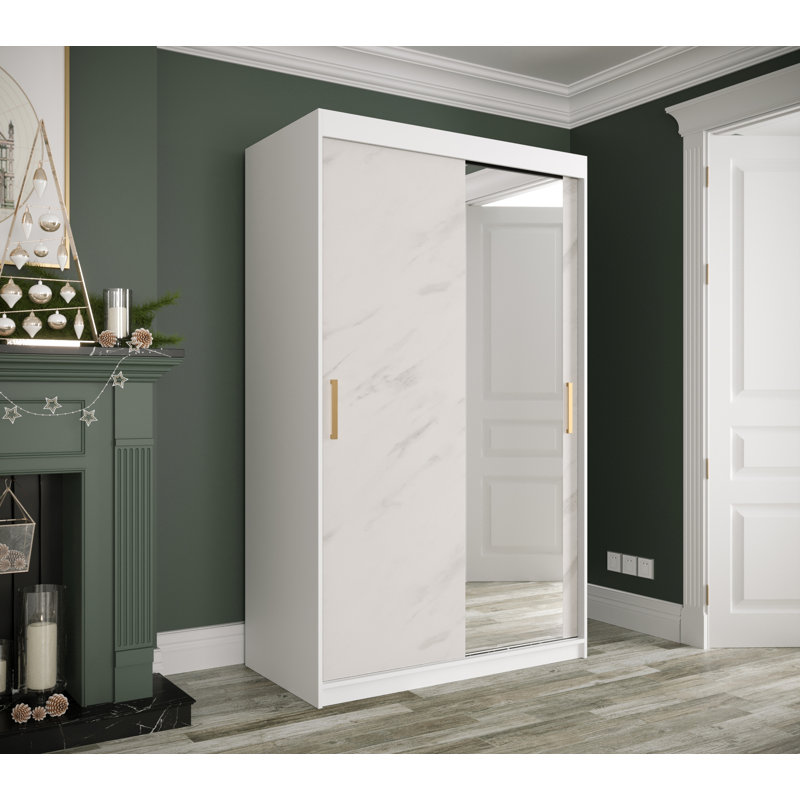 Blerata 2 Door Manufactured Wood Wardrobe, White Matt/White Matble, 200cm H x 120cm W x 62cm D