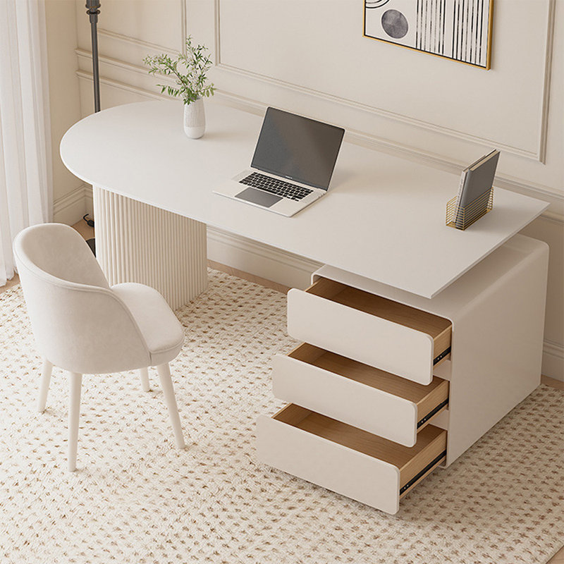 Bureau courbé blanc avec 3 tiroirs, H 29,53 po x l 55,12 po x P 31,5 po