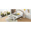 Lit plateforme double en bois avec tête de lit en forme de maison, DEL et rangement intégré, blanc-396746951-396746950