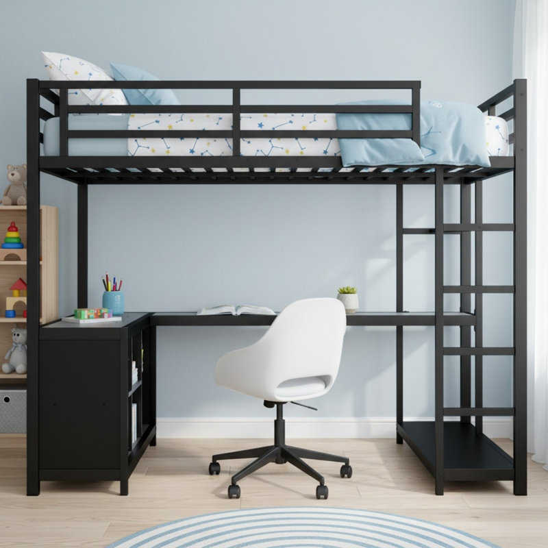 Metal Loft Bed with Wardrobe and L-shaped Desk, Full Size Loft Bed with Storage Cubes and Shelves, Loft Bed for Kids Teens Adults
