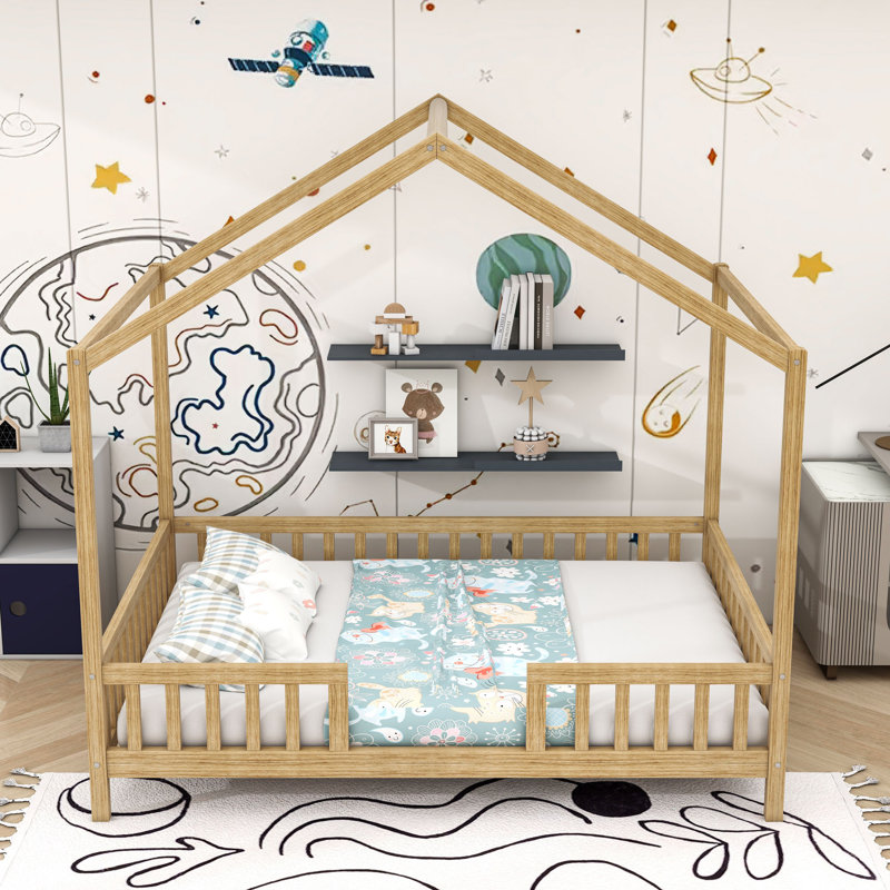 House Shape Floor Bed With Slats, Natural, Full