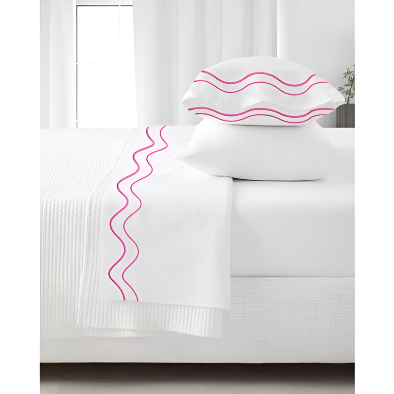 Double Wavy Embroidered Cotton 4 Piece Sheet Set Fitted Sheet Fits Upto 16" Deep Pocket, Hot Pink Border