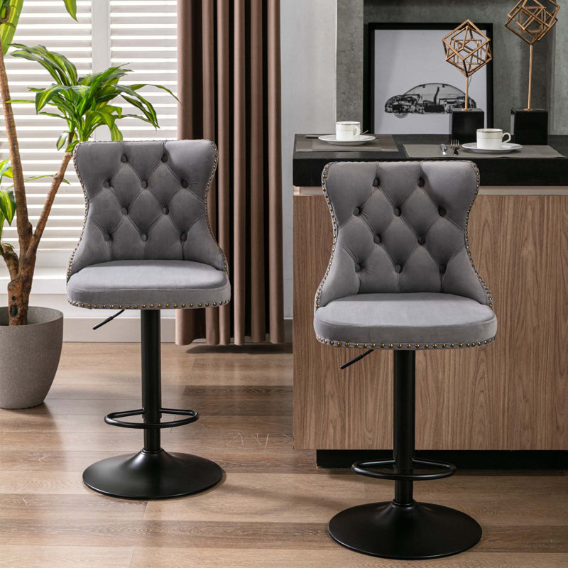 Stormstown Upholstered Adjustable Height Counter Stool, Gray, Black