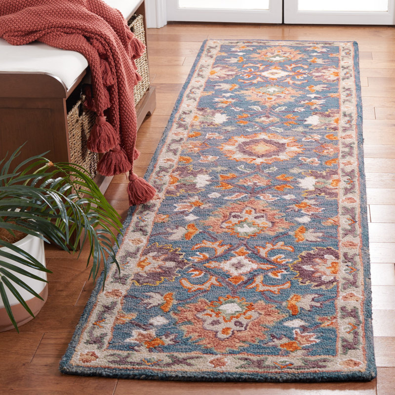 Hand Tufted Wool/Cotton Oriental Rug in White/Brown/Blue, Runner 2'3" x 9'
