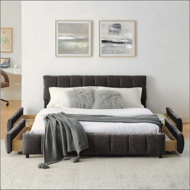 Lit tapissier, base de lit tapissier confortable, tissu chenille, avec tête de lit et base de lit solide, Grand lit
