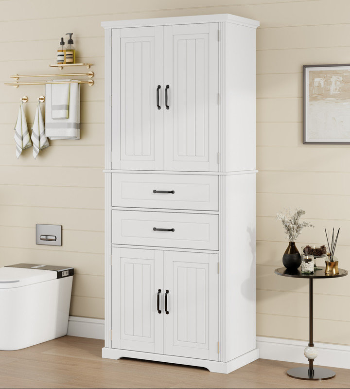 Armoire de rangement avec espace de rangement multifonctionnel, portes avec tablettes de rangement, 2 tiroirs, tablette réglable, blanc