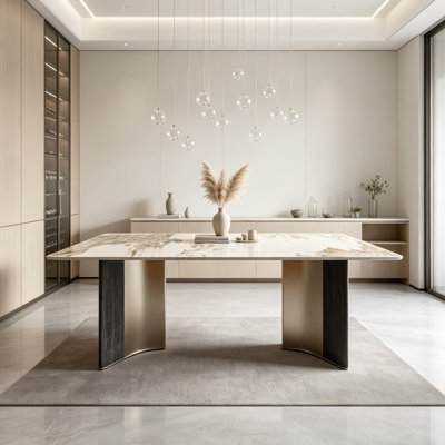 Table de salle à manger en pierre frittée avec un plateau rectangulaire, avec une base en acier gris avec une finition en grain de bois naturel; peut accueillir 4 à 6 personnes.