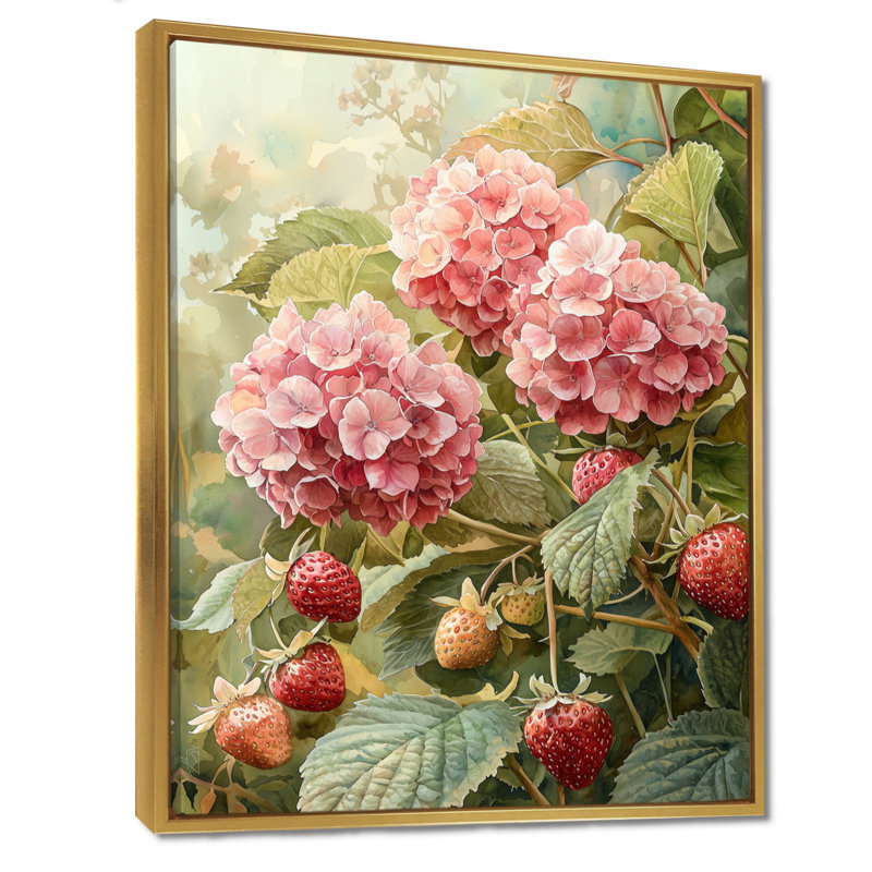 Hydrangeas in the Strawberry Patch - Hydrangea Wall Art, Reproduction encadrée sans passe-partout, H 20 po x l 12 po, Doré