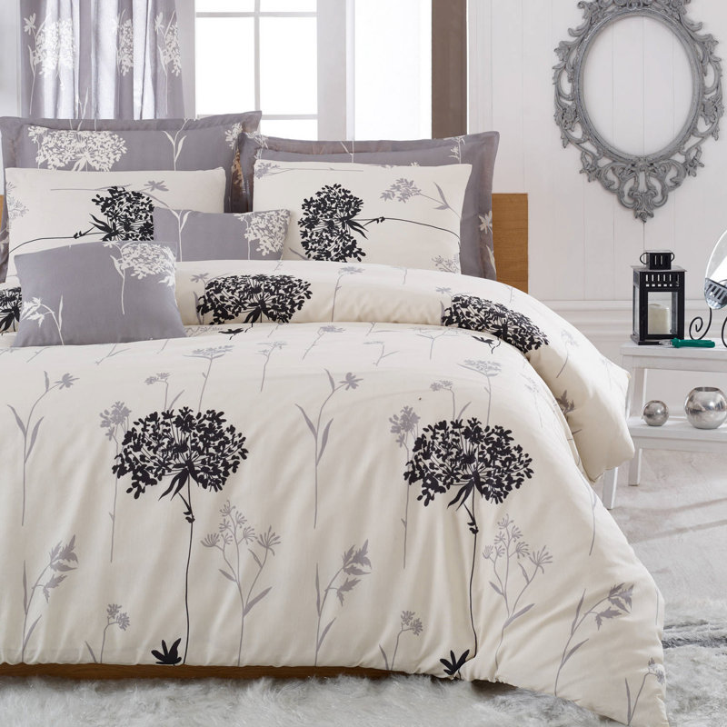 Ensemble de housse de couette luxueuse simple, gris / beige / noir, housse de couette 63,0 x 86,6 pouces | Drap plat 63,0 x 90,6 pouces | 1 taie d'oreiller 19,7 po x 27,6 po | 65% coton / 35% polyester, lavable à la machine, conception élégante avec fermeture à boutons