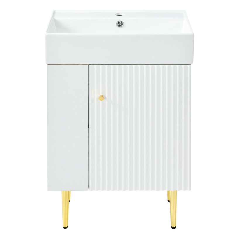 Meuble-lavabo blanc de 21,6 po avec rangement spacieux et porte à fermeture douce, meuble-lavabo à installation simple, blanc, quincaillerie dorée, rangement riche, porte
