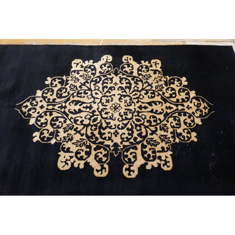 1920s Hand Knotted Pile Antique Rectangle Wool Black Floral Medallion Rug