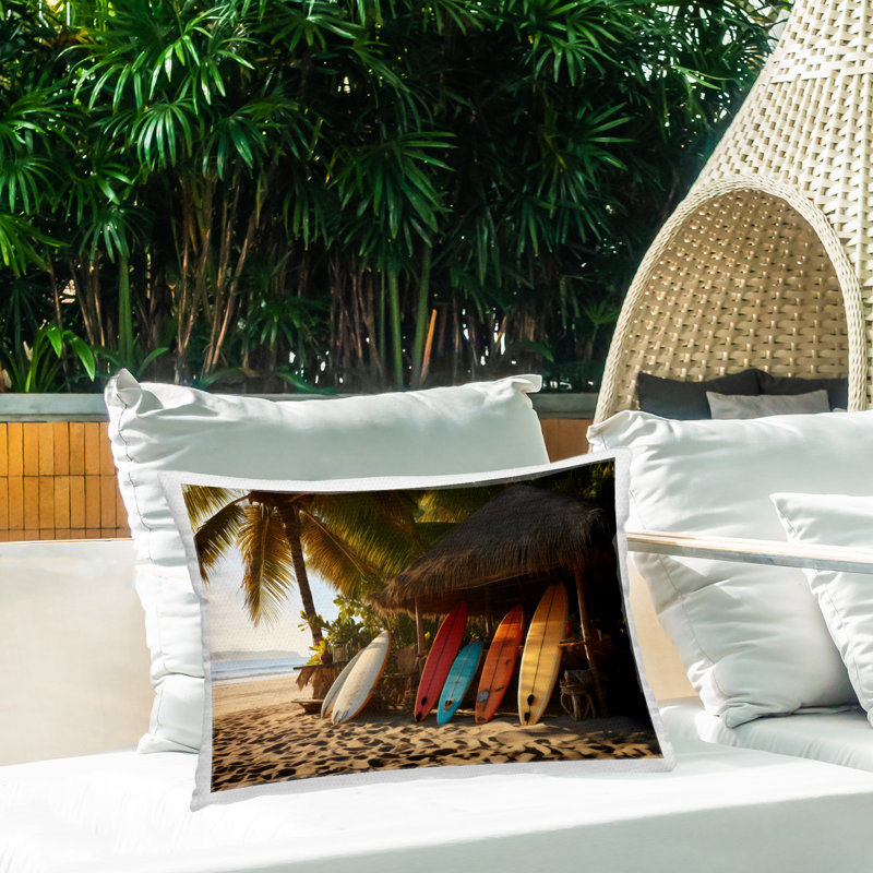Coussin d'extérieur imprimé Surfboard At Beach Hut, design par LSR Design Studio, Brun nautique et plage 19