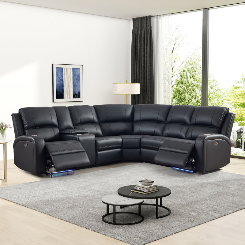 3-Piece Breathable Leather Power Reclining Sectional, Home Theater Couch With Storage, Cup Holder & LED, Black Faux Leather