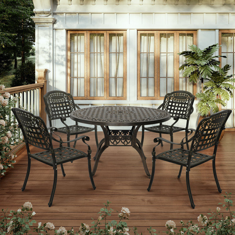 Rhedyn 4 - Person Round Outdoor Cast Aluminum Dining Set with Umbrella Hole, Brown