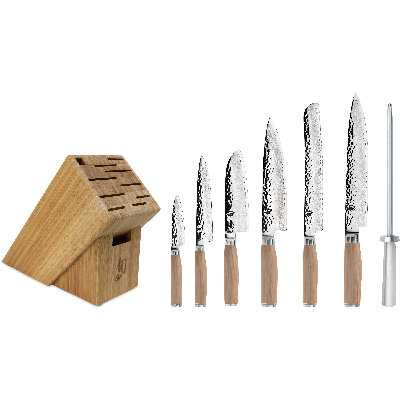Shun Premier Blonde 8 Piece Professional Block Set, Includes 8" Chef, 4" Paring, 6.5" Utility, 9" Bread, 5.5” Santoku & 9.5” Slicing Knives, Handcrafted Japanese Knife Set, Pakkawood Handles