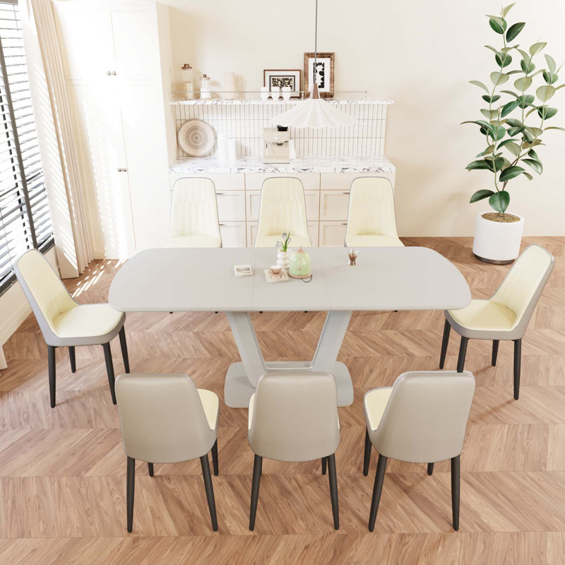 Ensemble de table de salle à manger extensible 62,99 à 78,74 po pour 2 à 8 personnes, 9 pièces : table, 8 chaises, Beige/gris