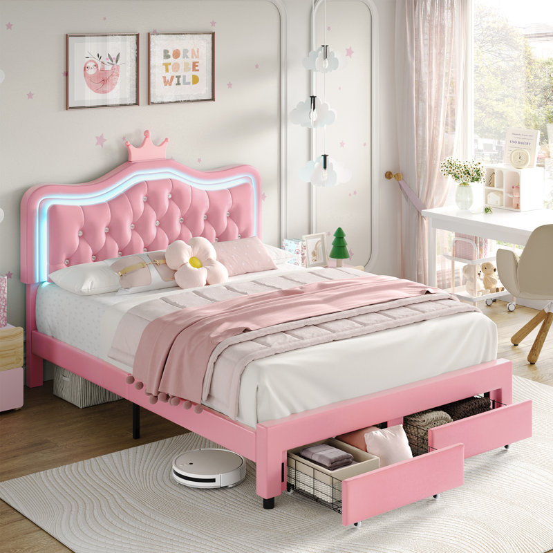 Largent Leather Upholstered Storage Bed with LED Lights and Crown Headboard, Kids Beds, Pink, Queen