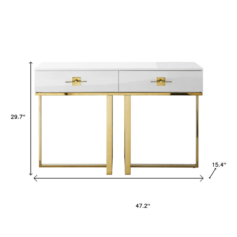 Table console traîneau de 47 pouces en bois blanc et acier inoxydable doré avec deux tiroirs