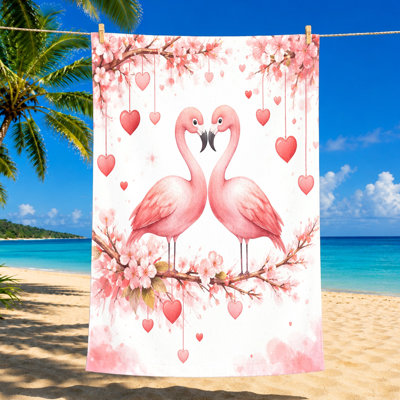 1PCS Romantic Flamingo Beach Towel with Cherry Blossoms and Hearts, Adorable Cute Design for, Travel, Outdoor Activities, Vibrant Tropical Scenery