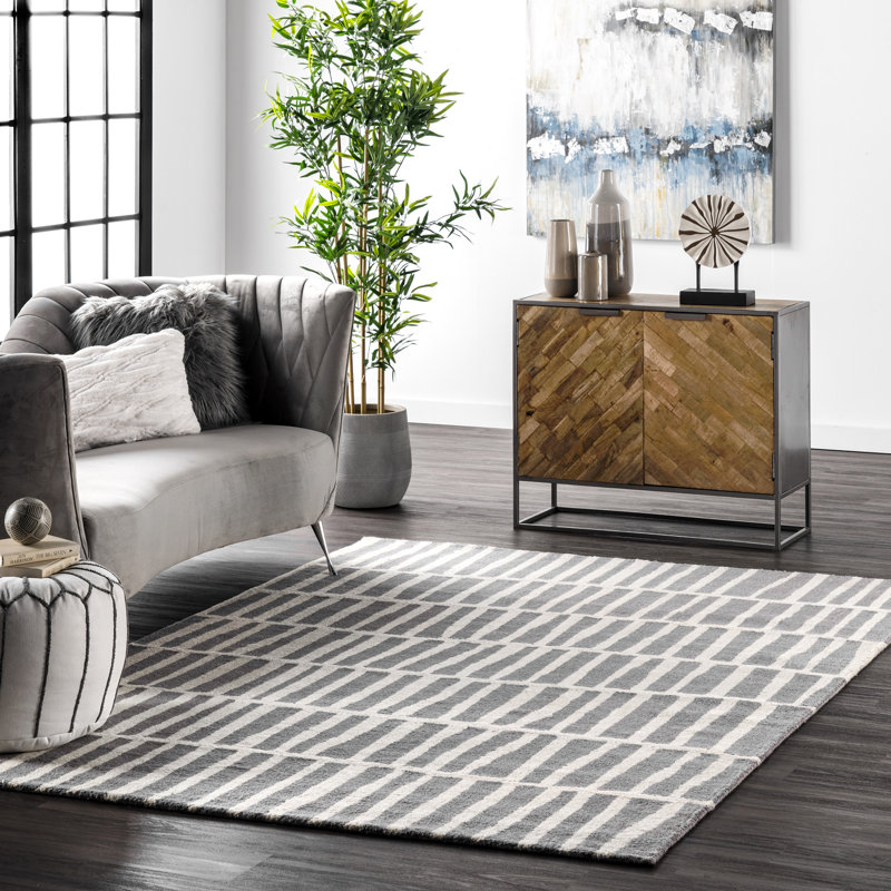 Tapis gris / ivoire en laine touffeté à la main Abstract, Rectangle 7 pi 6 po x 9 pi 6 po