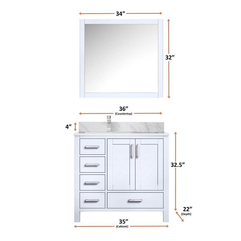 Jacques 36 in. W x 22 in. D Left Offset Bath Vanity and 34 in. Mirror, White, White Carrara Marble