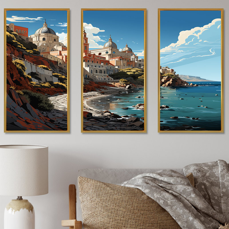 Village côtier italien II, art mural paysage italien, Cadre flottant doré, H 32 po x l 48 po x P 1 po
