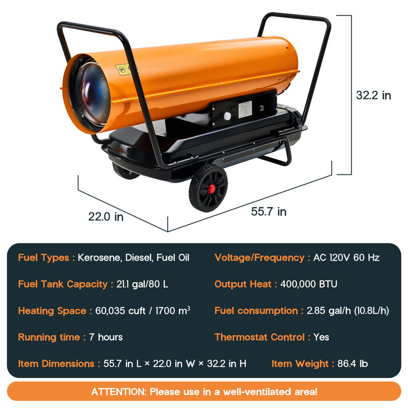 Chauffage à air pulsé au kérosène Fissfire 400 000 BTU avec thermostat, chauffage d'appoint au kérosène sur roues, 883 m², réservoir de carburant de 80 litres, jusqu'à 7 heures d'autonomie, thermostat réglable de 4 °C à 43 °C