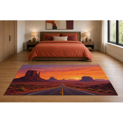 Tapis « Ultra Fin » 152 x 213 cm (5 pi x 7 pi) Sunset Desert Highway pour chambre, salon et bureau à domicile, moquette douce à poils courts avec envers antidérapant en silicone