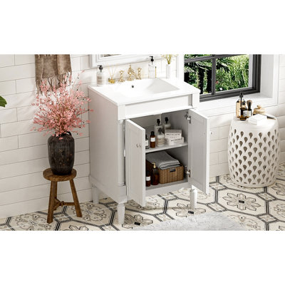 Meuble-lavabo de 61 cm avec lavabo en céramique. Style moderne. Structure en bois massif. Panneaux. Blanc. Grand espace de rangement. Poignée en métal élégante. Portes. Compatible avec robinetterie de 10 cm. Vasque moderne et spacieuse.