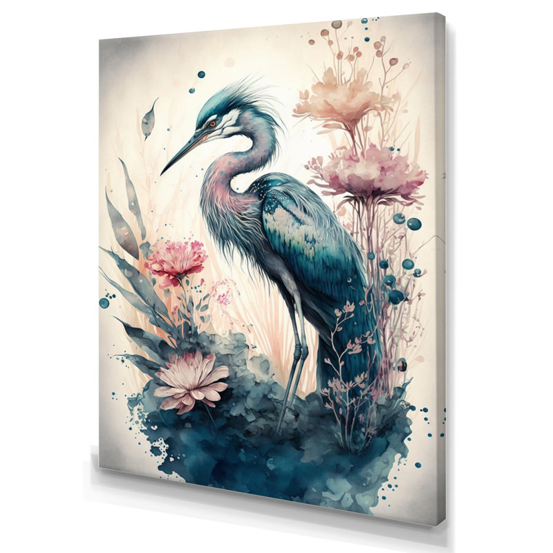 Mignon héron floral VI - peinture sur toile, H 40 po x l 30 po x P 1,5 po, Toile tendue