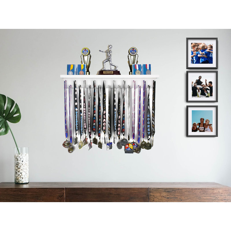 Chanyah -  2' Trophy Shelf and Medal Hanger Display, White, 3.5" H x 24" W x 3.5" D