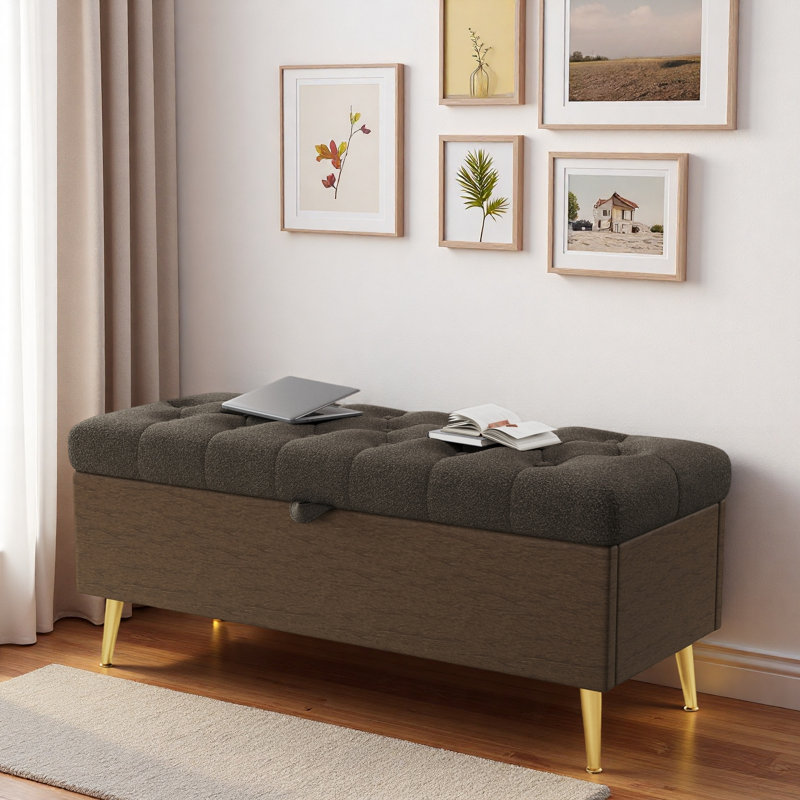 Banc avec repose-pieds moderne avec amplement d'espace de rangement, coussin capitonné et pieds en métal, Café